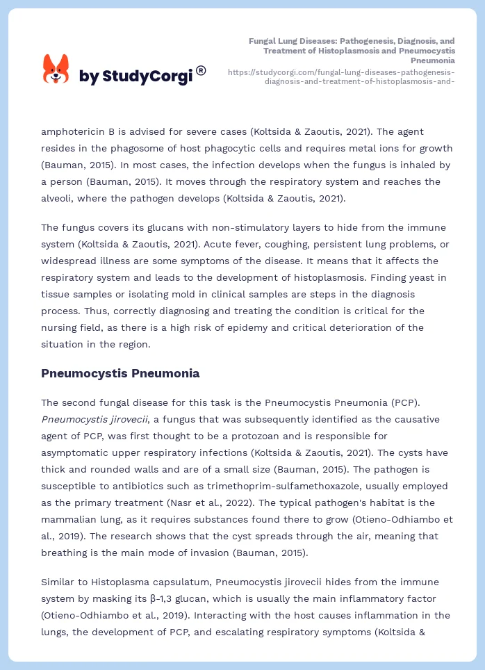 Fungal Lung Diseases: Pathogenesis, Diagnosis, and Treatment of Histoplasmosis and Pneumocystis Pneumonia. Page 2