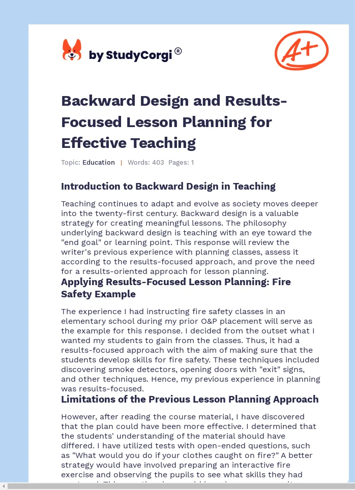 Backward Design and Results-Focused Lesson Planning for Effective Teaching. Page 1