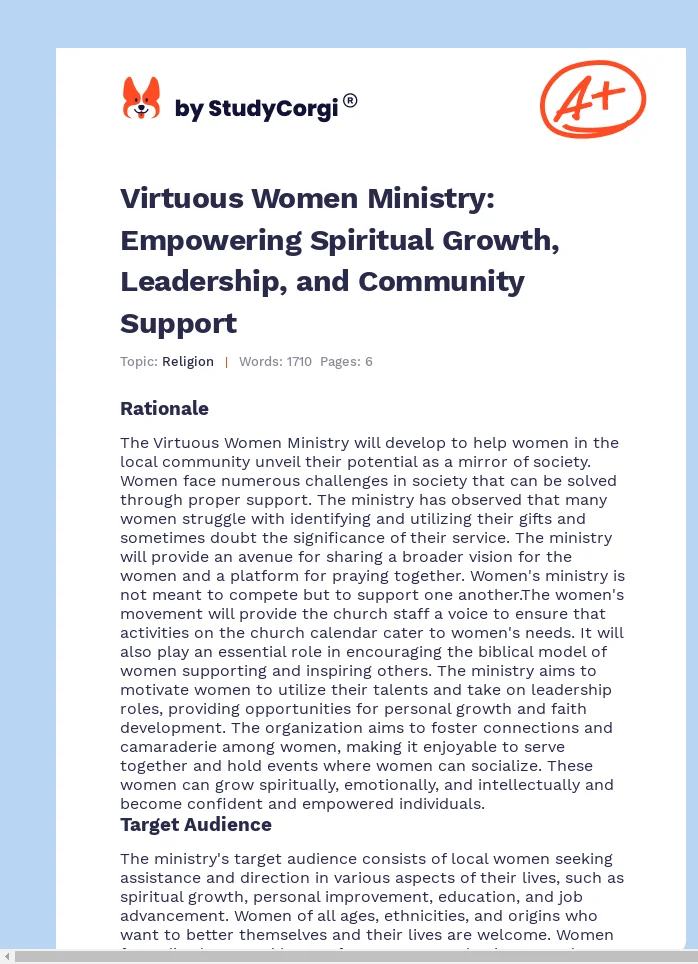 Virtuous Women Ministry: Empowering Spiritual Growth, Leadership, and Community Support. Page 1