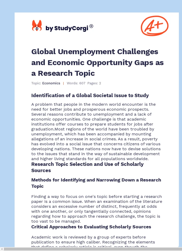 Global Unemployment Challenges and Economic Opportunity Gaps as a Research Topic. Page 1