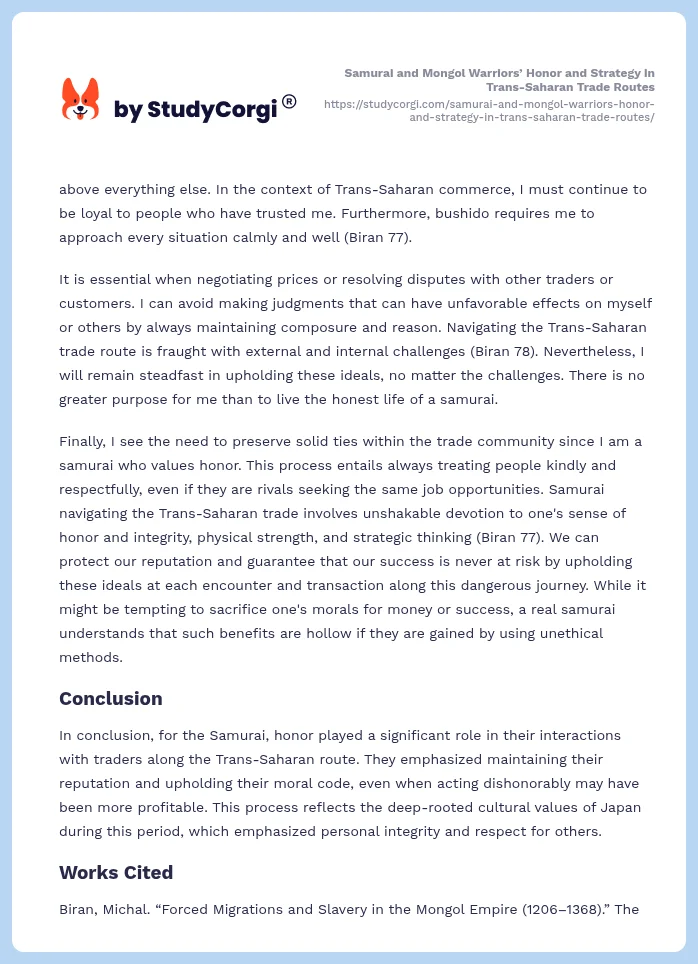Samurai and Mongol Warriors’ Honor and Strategy in Trans-Saharan Trade Routes. Page 2