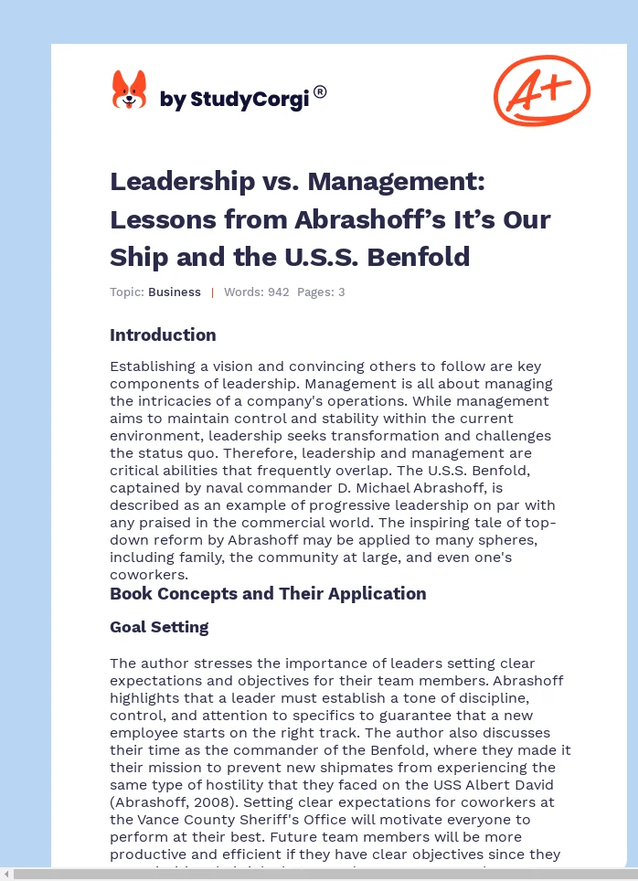 Leadership vs. Management: Lessons from Abrashoff’s It’s Our Ship and the U.S.S. Benfold. Page 1