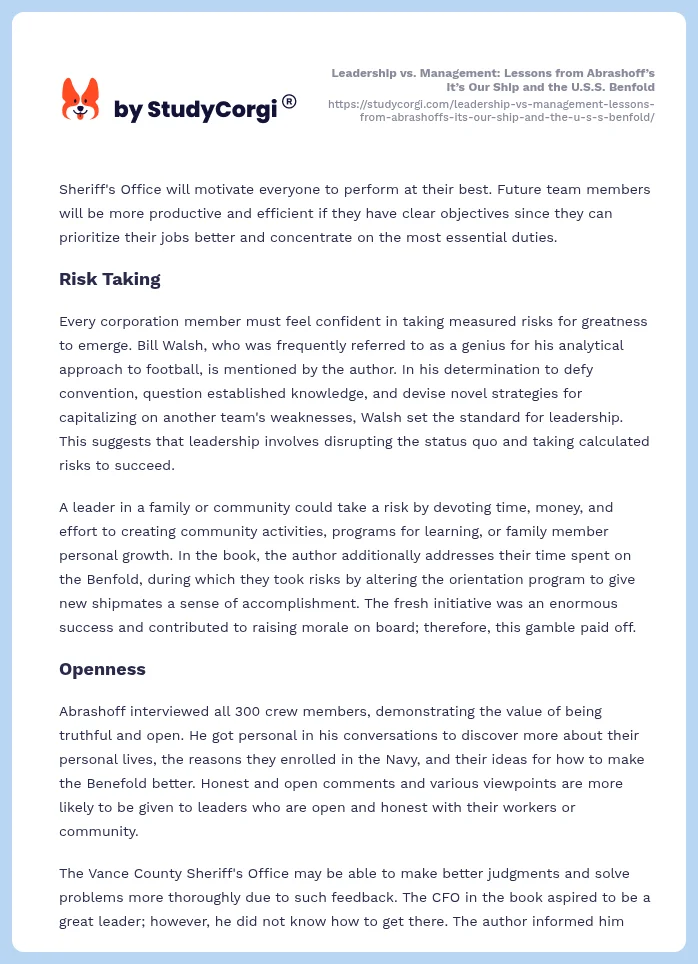 Leadership vs. Management: Lessons from Abrashoff’s It’s Our Ship and the U.S.S. Benfold. Page 2