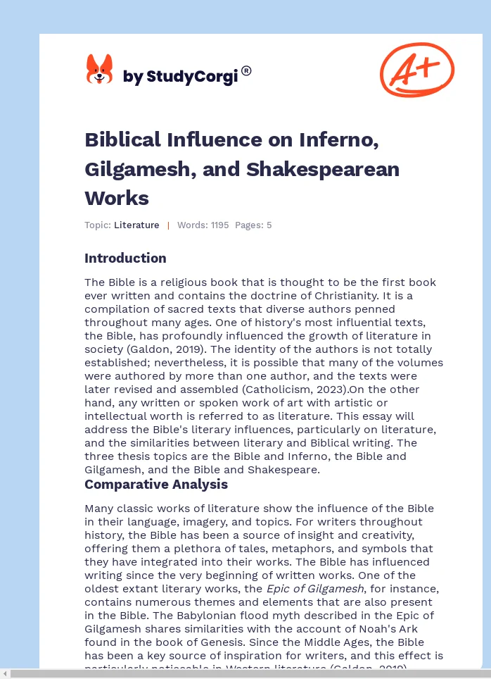 Biblical Influence on Inferno, Gilgamesh, and Shakespearean Works. Page 1