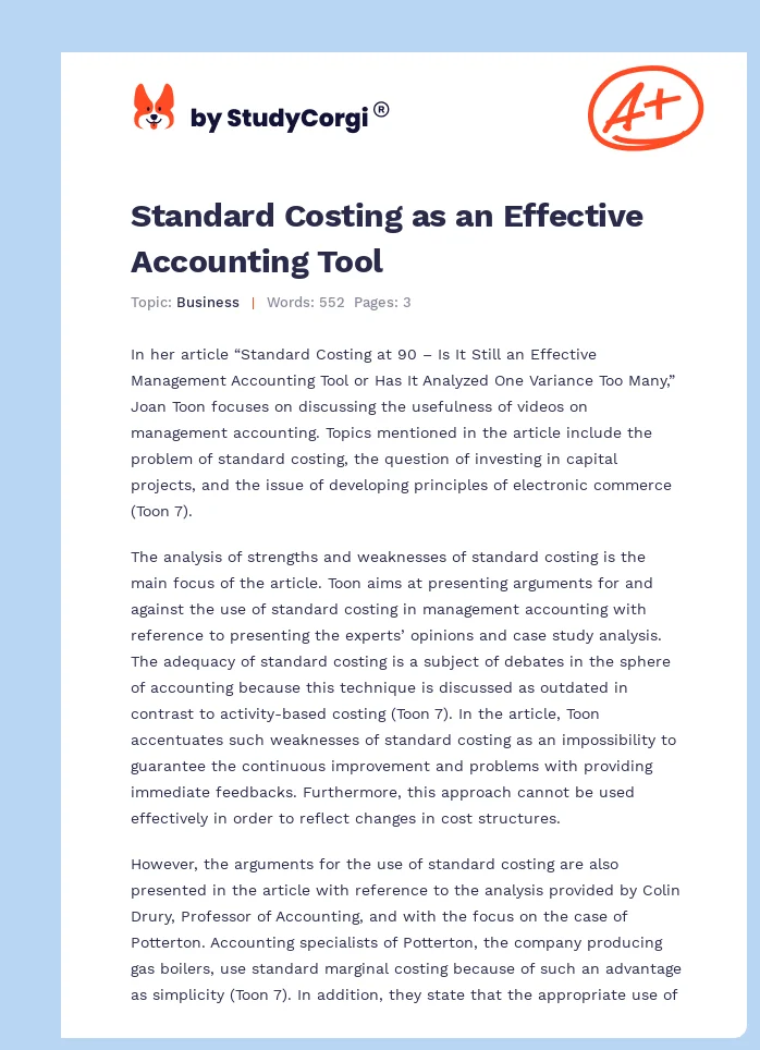 Standard Costing as an Effective Accounting Tool. Page 1