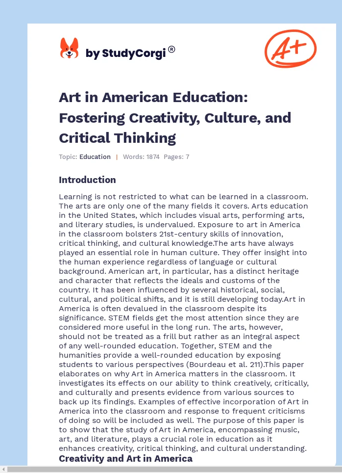 Art in American Education: Fostering Creativity, Culture, and Critical Thinking. Page 1