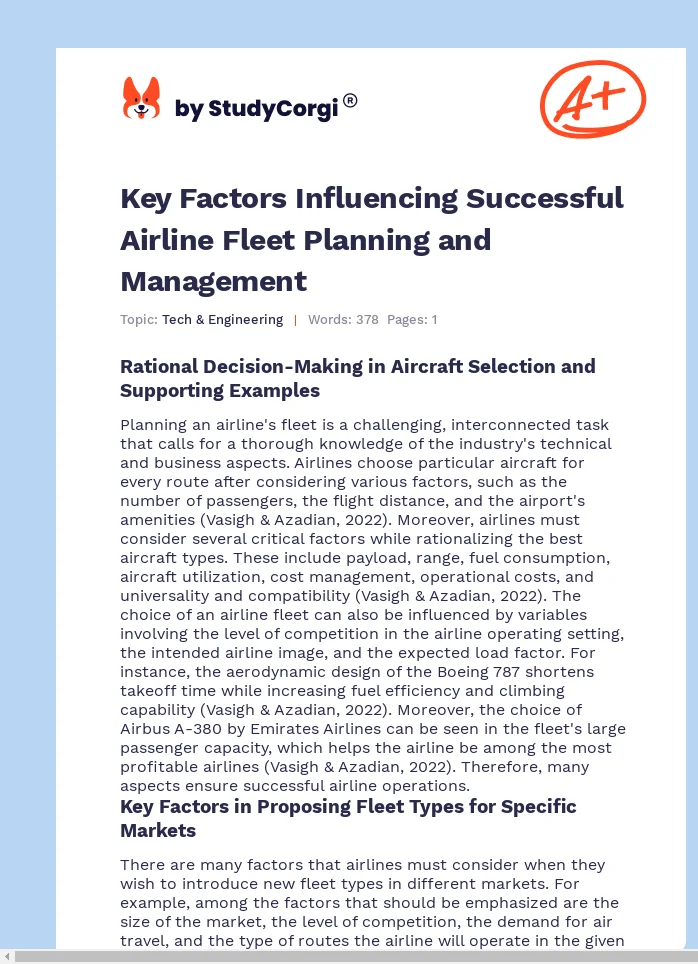 Key Factors Influencing Successful Airline Fleet Planning and Management. Page 1