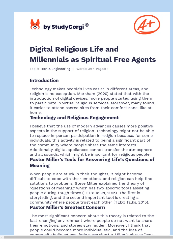 Digital Religious Life and Millennials as Spiritual Free Agents. Page 1