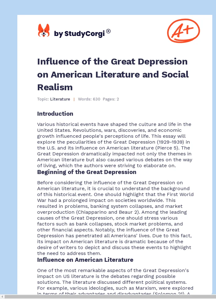 Influence of the Great Depression on American Literature and Social Realism. Page 1