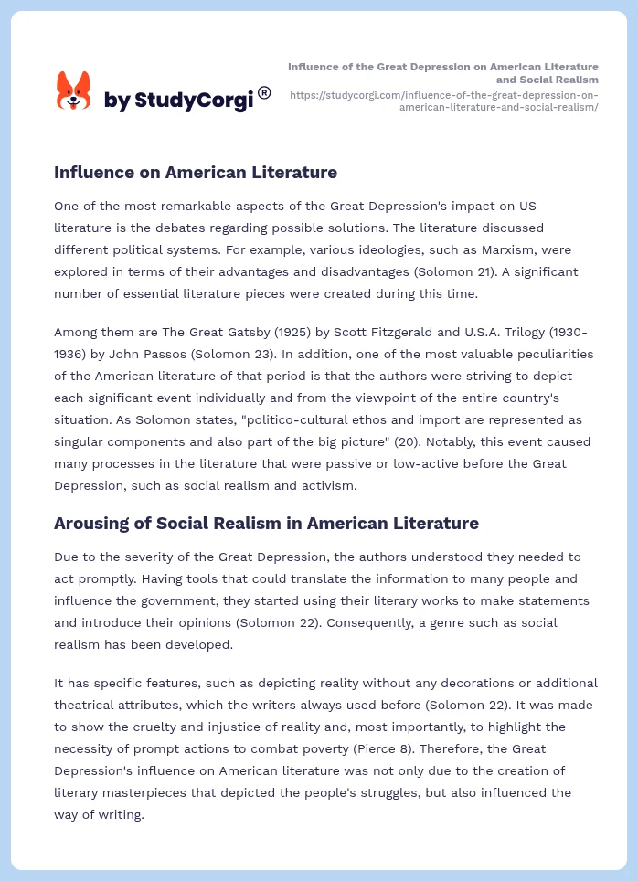 Influence of the Great Depression on American Literature and Social Realism. Page 2