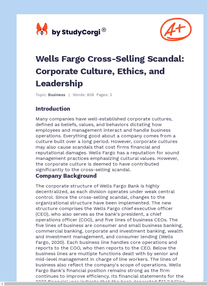 Wells Fargo Cross-Selling Scandal: Corporate Culture, Ethics, and Leadership. Page 1