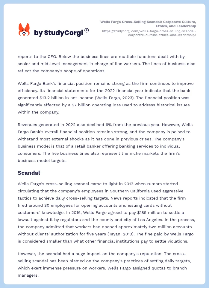 Wells Fargo Cross-Selling Scandal: Corporate Culture, Ethics, and Leadership. Page 2