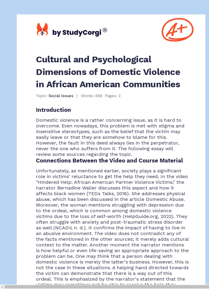 Cultural and Psychological Dimensions of Domestic Violence in African American Communities. Page 1