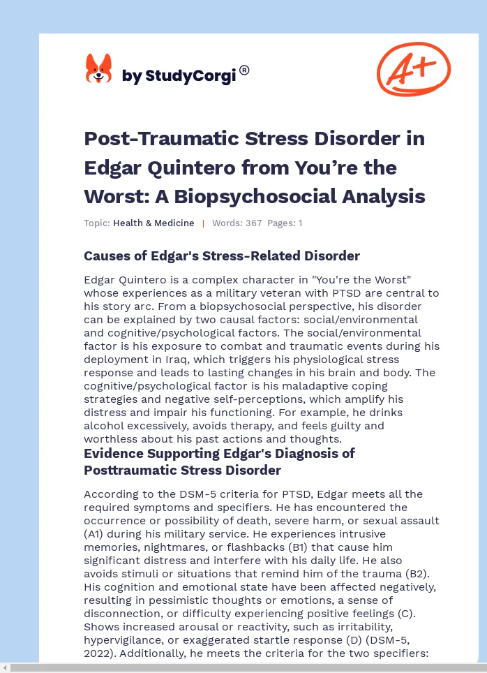Post-Traumatic Stress Disorder in Edgar Quintero from You’re the Worst: A Biopsychosocial Analysis. Page 1