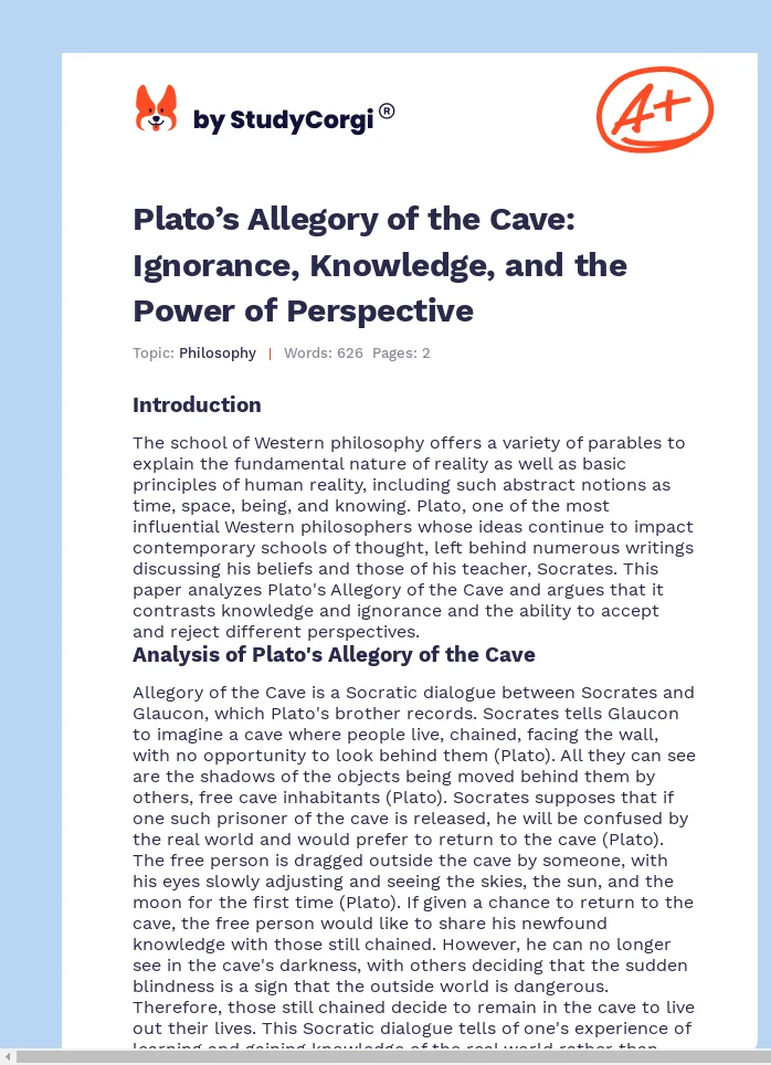 Plato’s Allegory of the Cave: Ignorance, Knowledge, and the Power of Perspective. Page 1