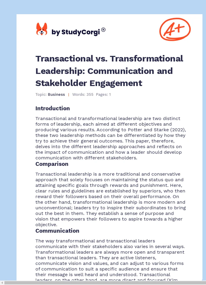 Transactional vs. Transformational Leadership: Communication and Stakeholder Engagement. Page 1