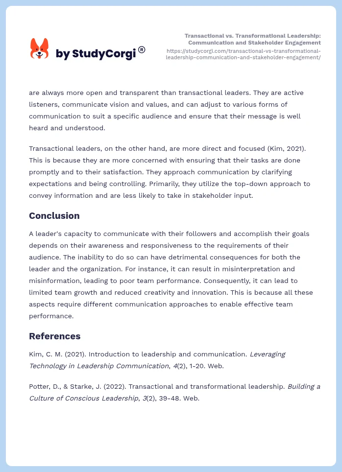 Transactional vs. Transformational Leadership: Communication and Stakeholder Engagement. Page 2
