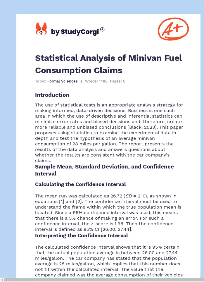 Statistical Analysis of Minivan Fuel Consumption Claims. Page 1