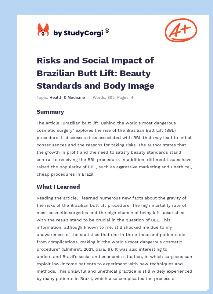 Risks and Social Impact of Brazilian Butt Lift: Beauty Standards and Body Image. Page 1