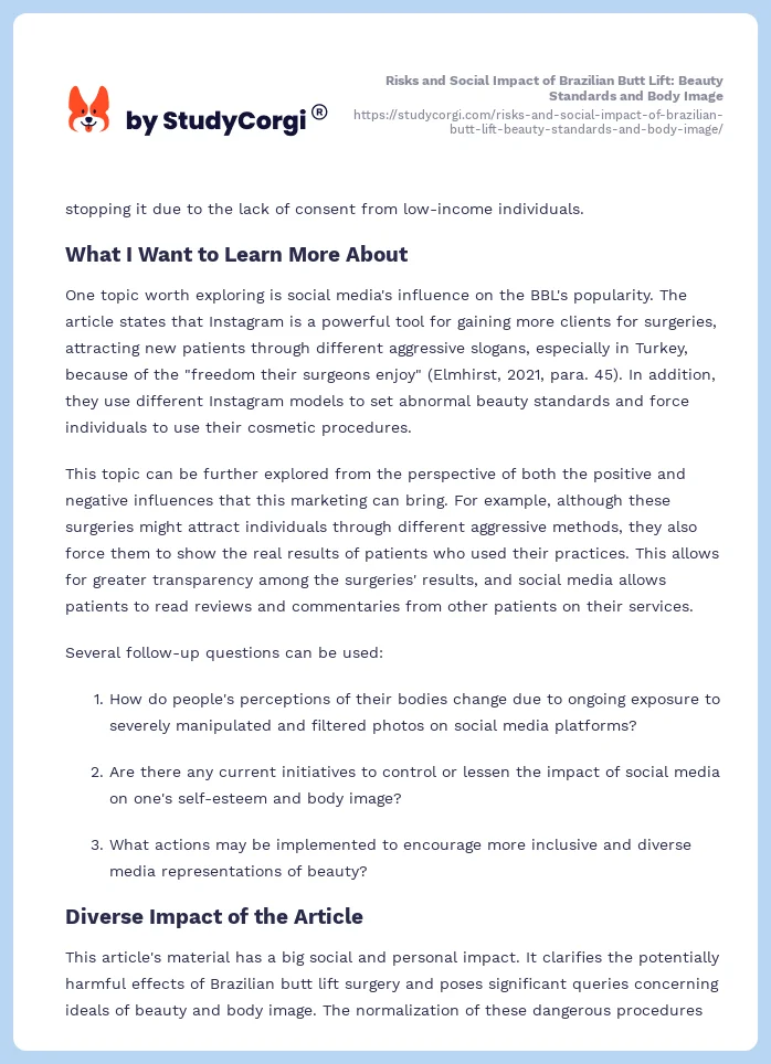 Risks and Social Impact of Brazilian Butt Lift: Beauty Standards and Body Image. Page 2