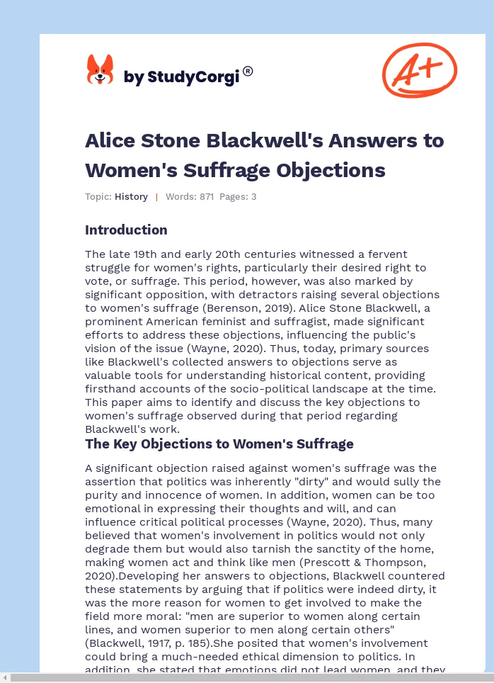 Alice Stone Blackwell's Answers to Women's Suffrage Objections. Page 1