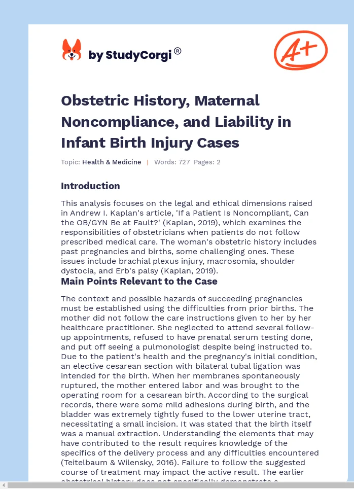 Obstetric History, Maternal Noncompliance, and Liability in Infant Birth Injury Cases. Page 1