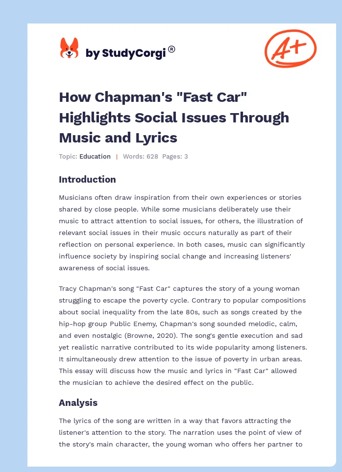 How Chapman's "Fast Car" Highlights Social Issues Through Music and Lyrics. Page 1