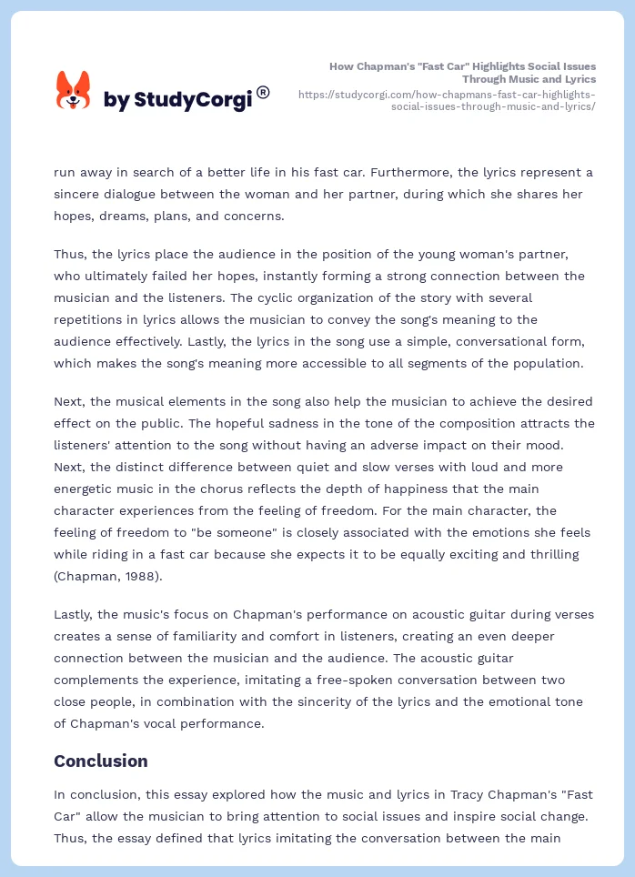 How Chapman's "Fast Car" Highlights Social Issues Through Music and Lyrics. Page 2