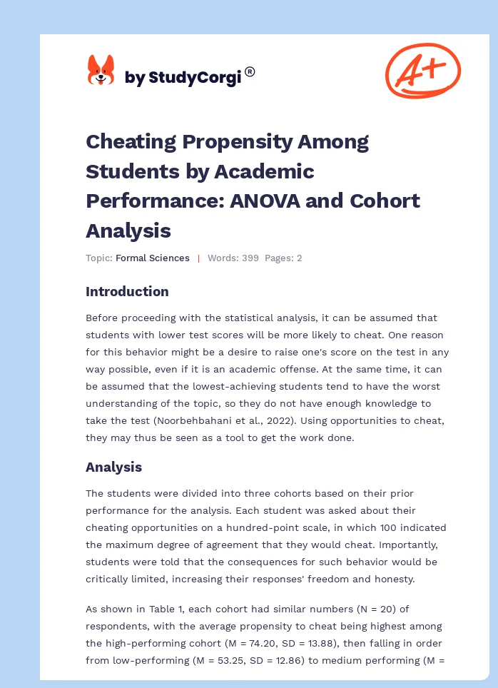 Cheating Propensity Among Students by Academic Performance: ANOVA and Cohort Analysis. Page 1