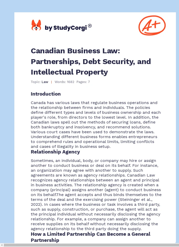 Canadian Business Law: Partnerships, Debt Security, and Intellectual Property. Page 1