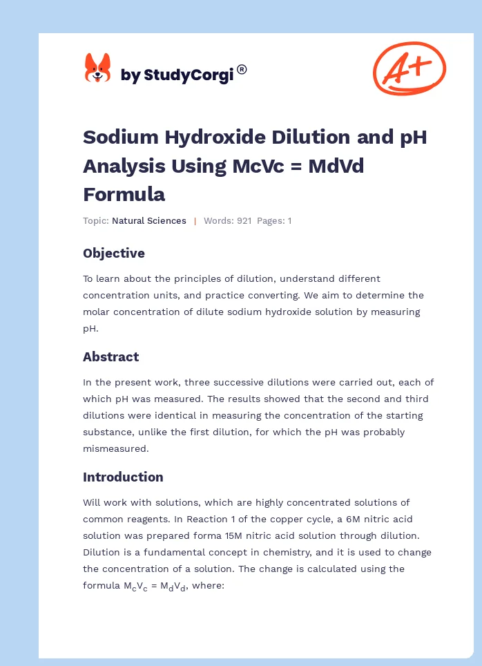 Sodium Hydroxide Dilution and pH Analysis Using McVc = MdVd Formula. Page 1