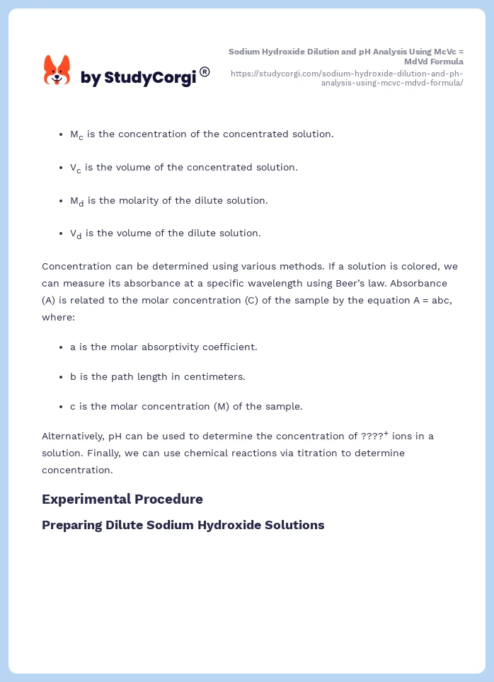Sodium Hydroxide Dilution and pH Analysis Using McVc = MdVd Formula. Page 2