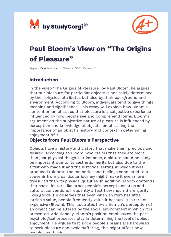 Paul Bloom’s View on “The Origins of Pleasure”. Page 1
