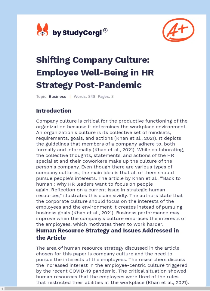 Shifting Company Culture: Employee Well-Being in HR Strategy Post-Pandemic. Page 1