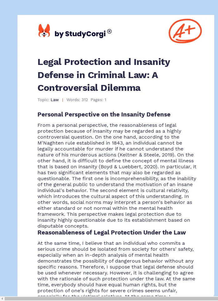 Legal Protection and Insanity Defense in Criminal Law: A Controversial Dilemma. Page 1