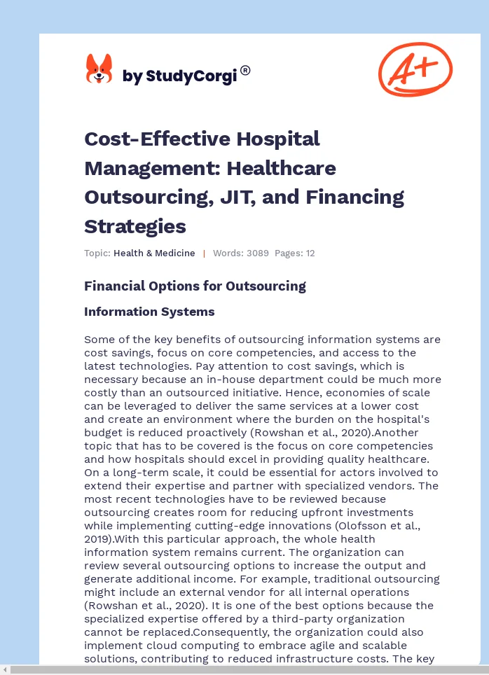 Cost-Effective Hospital Management: Healthcare Outsourcing, JIT, and Financing Strategies. Page 1