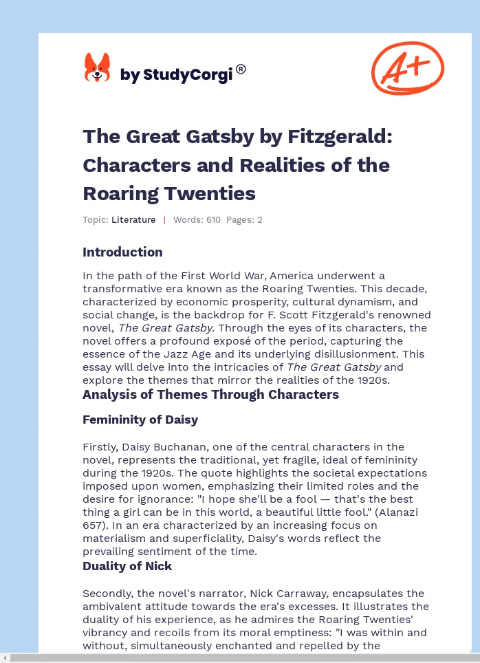 The Great Gatsby by Fitzgerald: Characters and Realities of the Roaring Twenties. Page 1