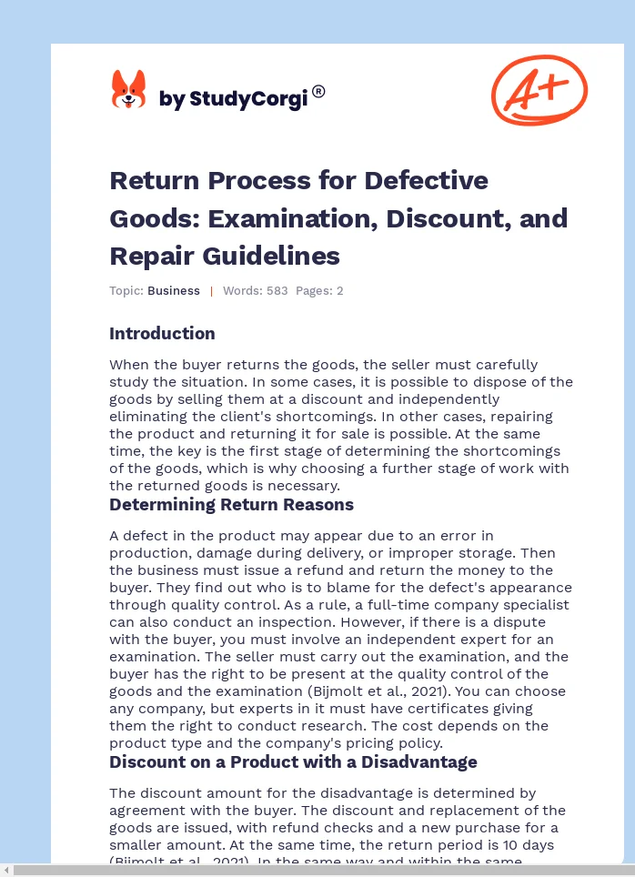 Return Process for Defective Goods: Examination, Discount, and Repair Guidelines. Page 1