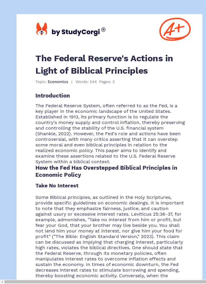 The Federal Reserve's Actions in Light of Biblical Principles. Page 1