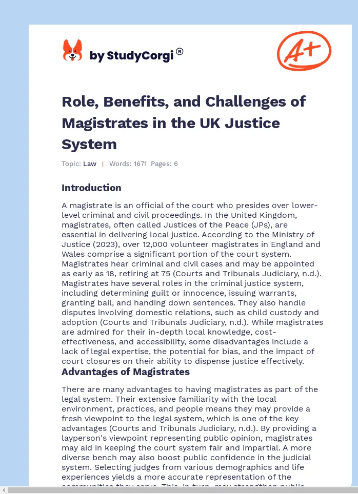 Role, Benefits, and Challenges of Magistrates in the UK Justice System. Page 1