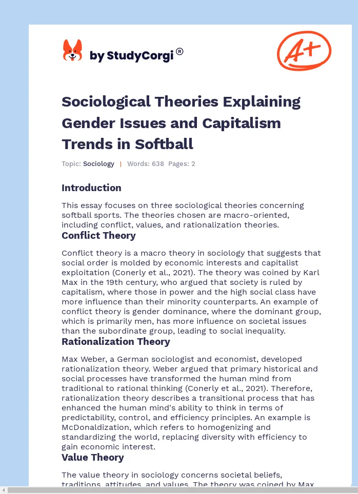 Sociological Theories Explaining Gender Issues and Capitalism Trends in Softball. Page 1