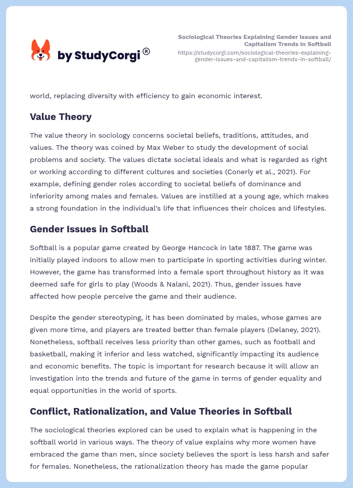 Sociological Theories Explaining Gender Issues and Capitalism Trends in Softball. Page 2