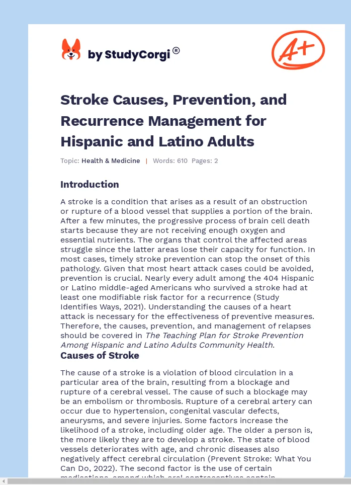 Stroke Causes, Prevention, and Recurrence Management for Hispanic and Latino Adults. Page 1