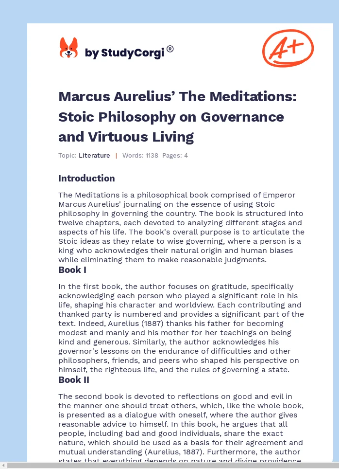 Marcus Aurelius’ The Meditations: Stoic Philosophy on Governance and Virtuous Living. Page 1