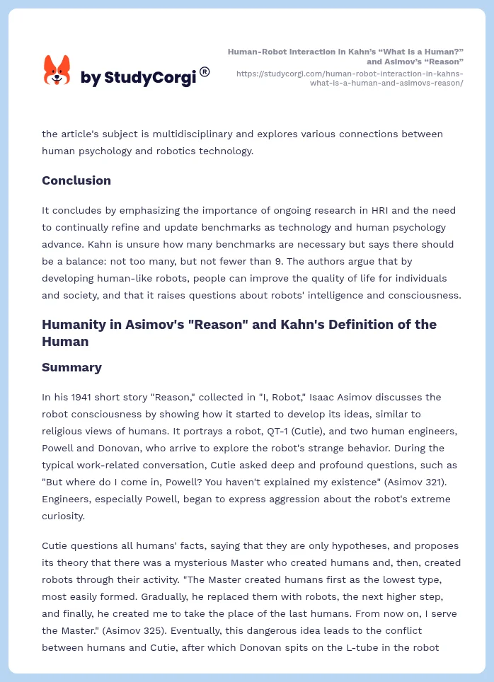 Human-Robot Interaction in Kahn’s “What Is a Human?” and Asimov’s “Reason”. Page 2