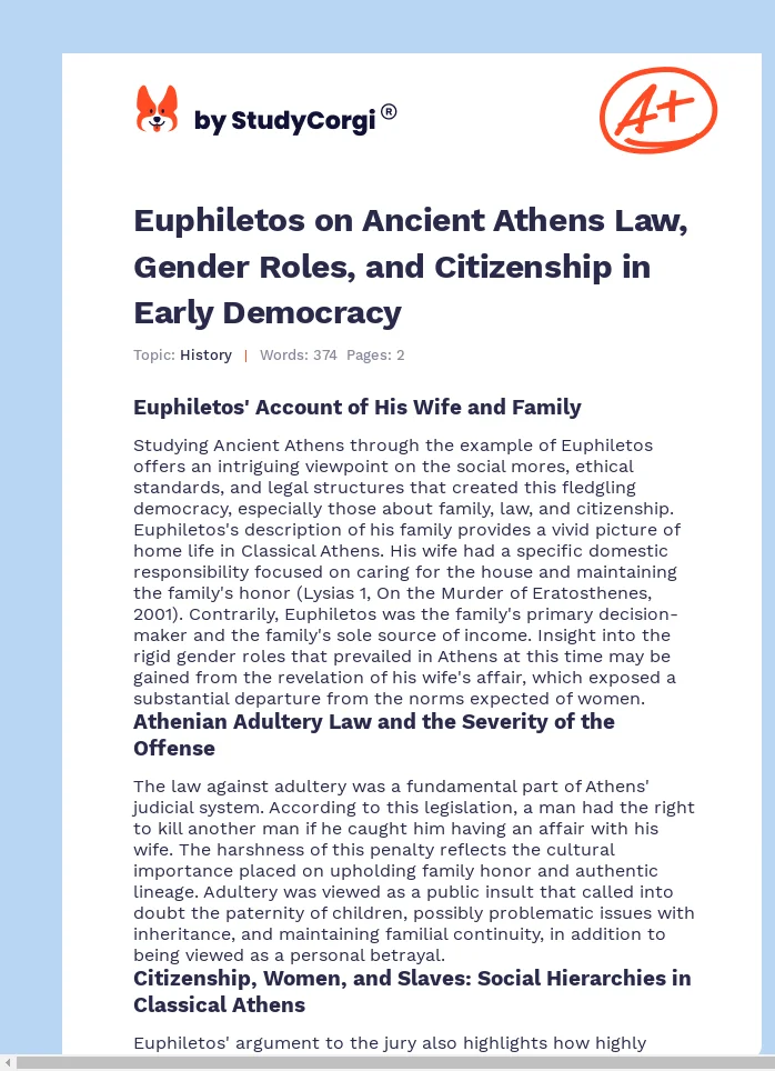 Euphiletos on Ancient Athens Law, Gender Roles, and Citizenship in Early Democracy. Page 1