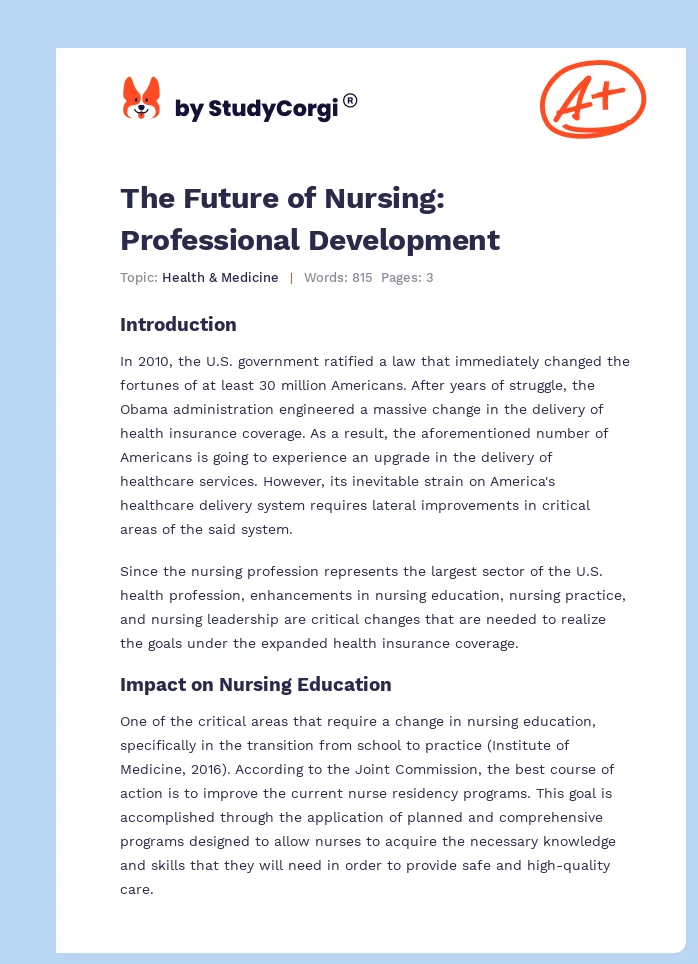 The Future of Nursing: Professional Development. Page 1