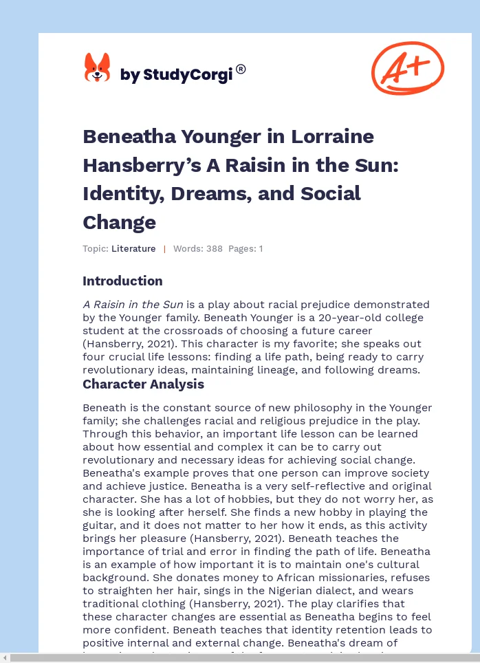 Beneatha Younger in Lorraine Hansberry’s A Raisin in the Sun: Identity, Dreams, and Social Change. Page 1