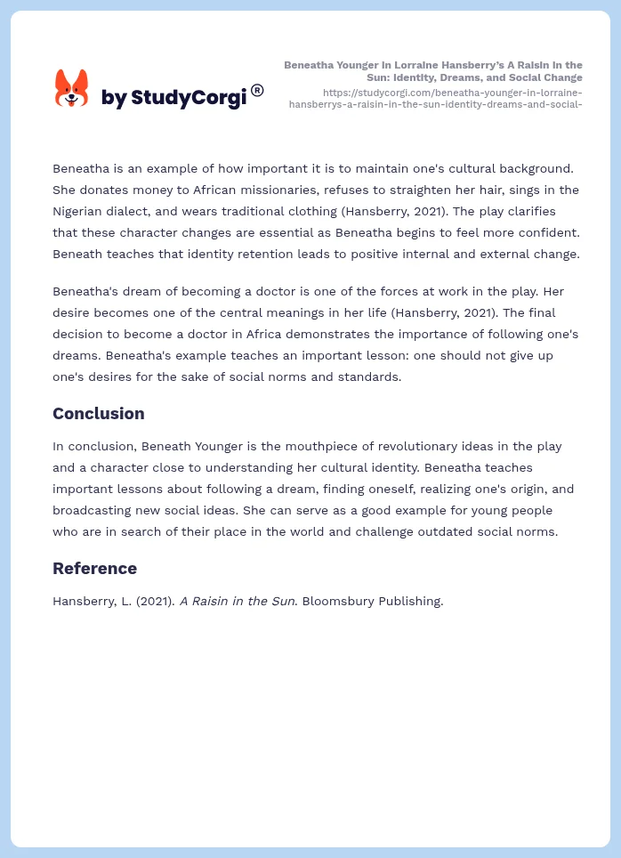 Beneatha Younger in Lorraine Hansberry’s A Raisin in the Sun: Identity, Dreams, and Social Change. Page 2