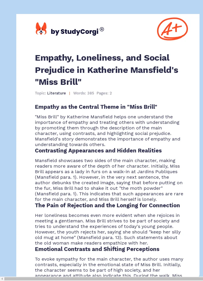Empathy, Loneliness, and Social Prejudice in Katherine Mansfield's "Miss Brill". Page 1